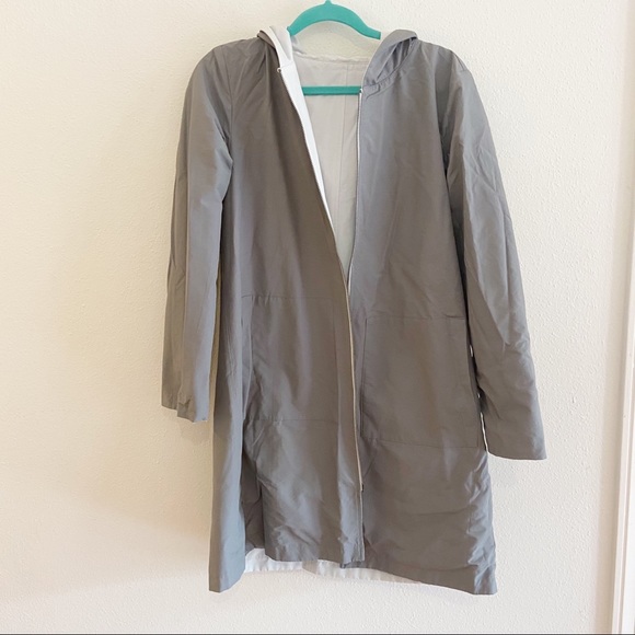 Sold Eileen Fisher Ivory Gray Reversible Organic Cotton Nylon Long Anorak Jacket - Picture 4 of 11